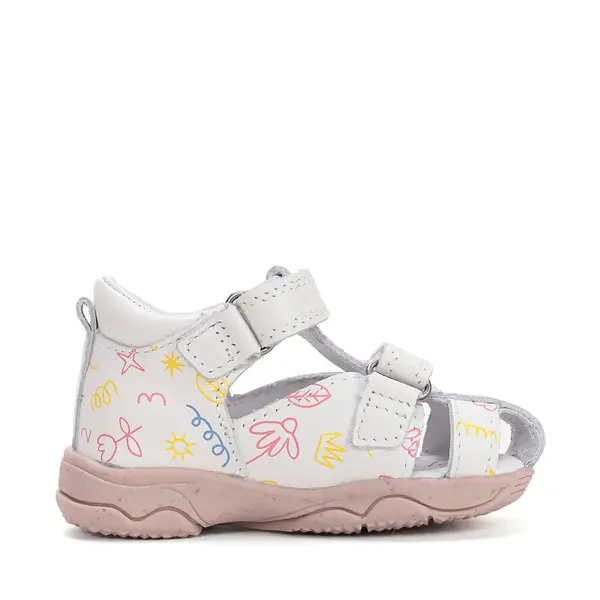 Sandale D.D. Step fete, piele naturală, alb cu imprimeu flori_G064-61994M-29_Pebebe