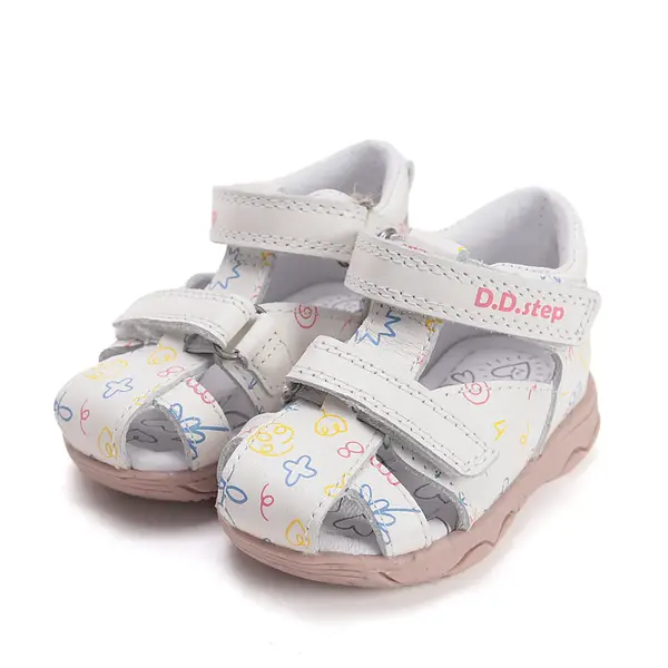 Sandale D.D. Step fete, piele naturală, alb cu imprimeu flori_G064-61994-20_Pebebe