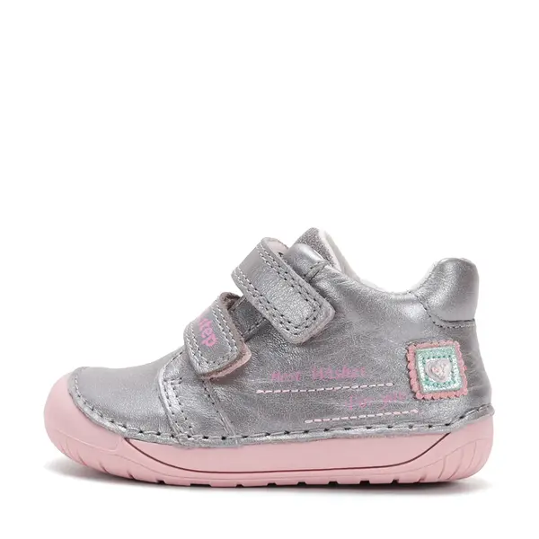 Pantofi D.D. Step, Barefoot, fete, piele naturala, primii pasi, argintiu, design cu inimoare si mesaj_S070-62332-20_Pebebe