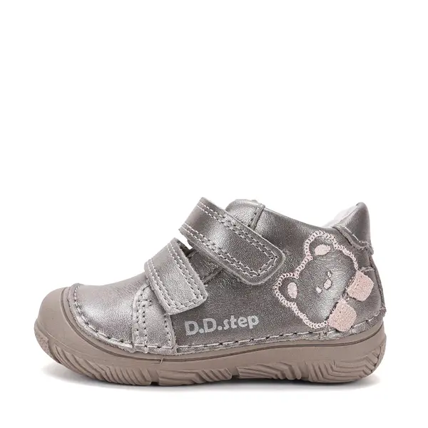 Pantofi D.D Step Fete, piele naturală, captuseală din piele, talpă flexibilă, argintiu, cu ursulet_S082-62150B-20_Pebebe
