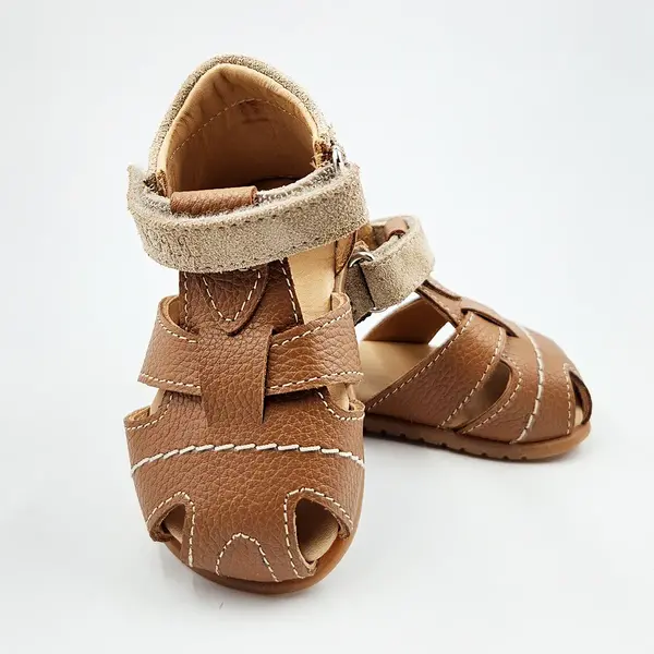 Sandale copii, barefoot, primii pasi, piele naturala, talpa flexibila, inchidere cu scai, maro_RO-1000-1-19_Pebebe