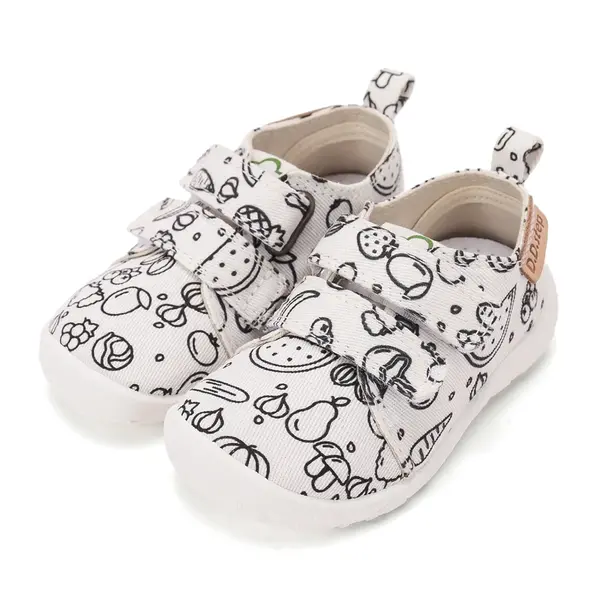 Pantofi de interior D.D.Step de colorat, cu carioci incluse, 2 scaiuri, alb, print Legume si fructe_C086-71353-20_Pebebe