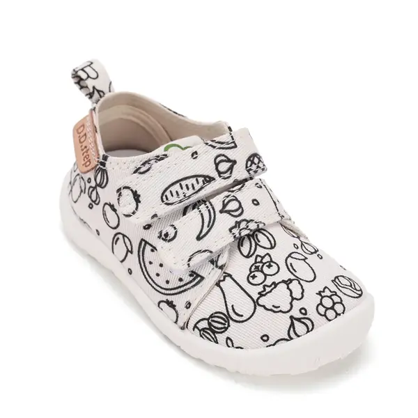 Pantofi de interior D.D.Step de colorat, cu carioci incluse, 2 scaiuri, alb, print Legume si fructe_C086-71353-20_Pebebe