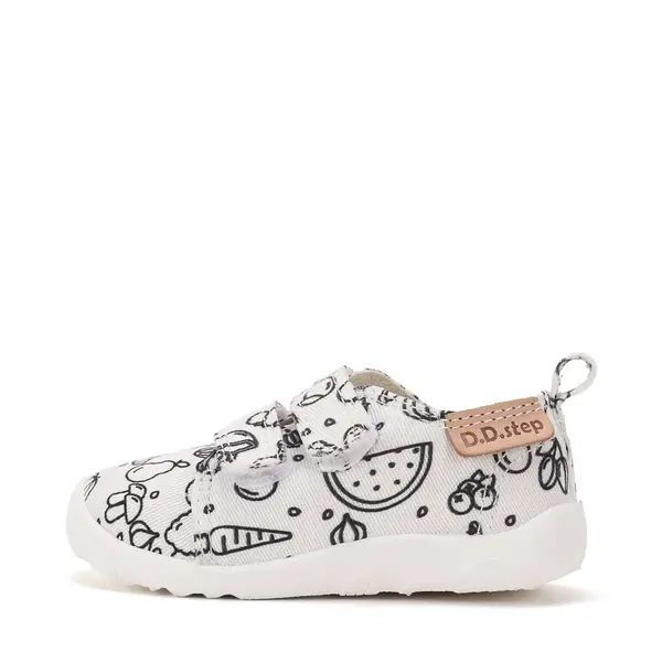 Pantofi de interior D.D.Step de colorat, cu carioci incluse, 2 scaiuri, alb, print Legume si fructe_C086-71353-20_Pebebe