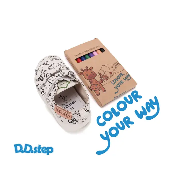 Pantofi de interior D.D.Step de colorat, cu carioci incluse, 2 scaiuri, alb, print Legume si fructe_C086-71353-20_Pebebe