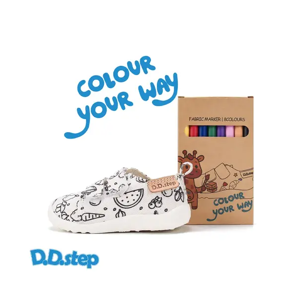 Pantofi de interior D.D.Step de colorat, cu carioci incluse, 2 scaiuri, alb, print Legume si fructe_C086-71353-20_Pebebe