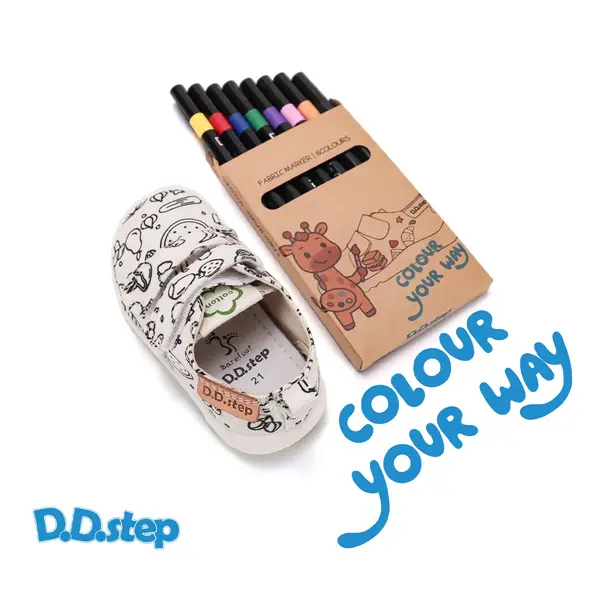 Pantofi de interior D.D.Step de colorat, cu carioci incluse, 2 scaiuri, alb, print Legume si fructe_C086-71353-20_Pebebe