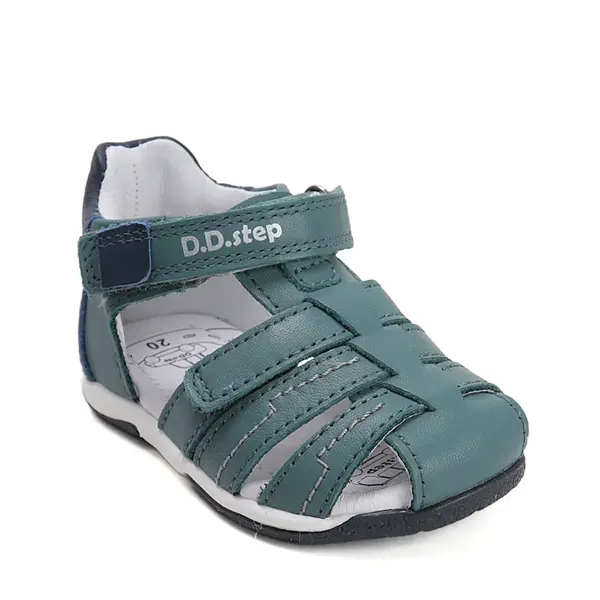 Sandale baieti cu barete si ajustare cu 2 scaiuri, piele naturala, talpa flexibila, verde inchis, D.D. Step_G111-61843-21_Pebebe