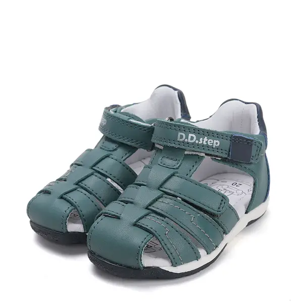 Sandale baieti cu barete si ajustare cu 2 scaiuri, piele naturala, talpa flexibila, verde inchis, D.D. Step_G111-61843M-31_Pebebe