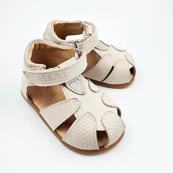 Sandale copii, barefoot, primii pasi, piele naturala, talpa flexibila, inchidere cu scai, crem cu imprimeu_RO-900-1-23_Pebebe