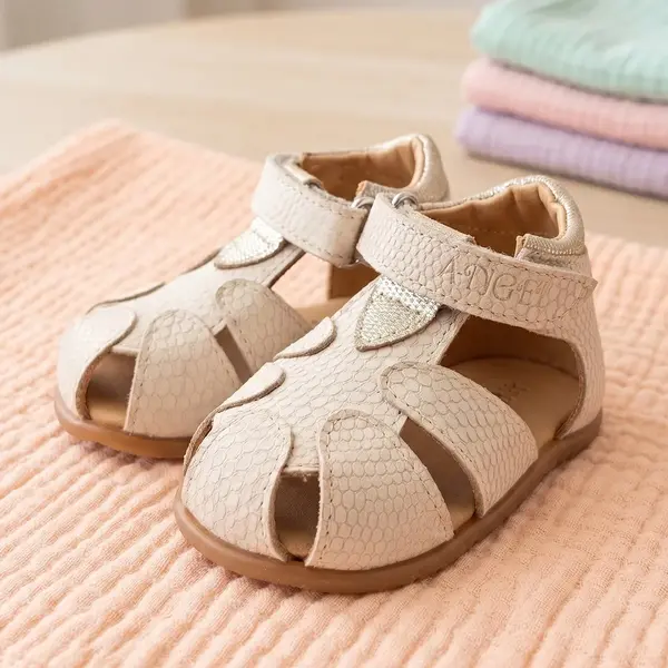 Sandale copii, barefoot, primii pasi, piele naturala, talpa flexibila, inchidere cu scai, crem cu imprimeu_RO-900-1-23_Pebebe