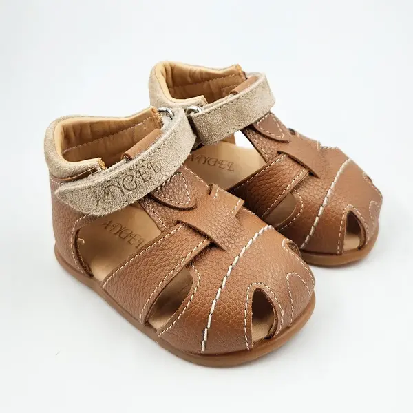 Sandale copii, barefoot, primii pasi, piele naturala, talpa flexibila, inchidere cu scai, maro_RO-1000-1-19_Pebebe