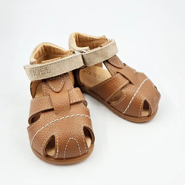 Sandale copii, barefoot, primii pasi, piele naturala, talpa flexibila, inchidere cu scai, maro_RO-1000-1-19_Pebebe