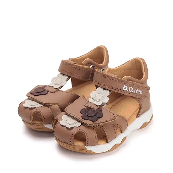 Sandale D.D. Step fete, piele naturală, maro cu imprimeu flori_G064-61849-25_Pebebe
