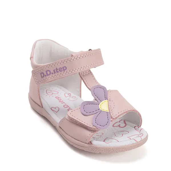 Sandale D.D Step fete, piele naturala, talpa felxibila, roz cu floare_G111-61348AM-30_Pebebe