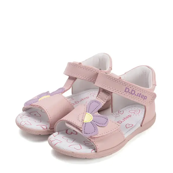 Sandale D.D Step fete, piele naturala, talpa felxibila, roz cu floare_G111-61348AM-30_Pebebe