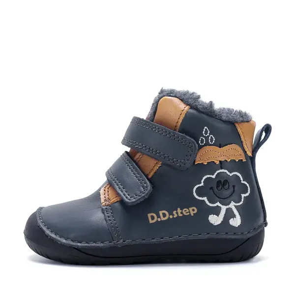 Ghete D.D Step baieti, Barefoot, piele naturala, captuseala din blana, bleumarin cu maro, emblema cu norisor_W070-62495B-20_Pebebe