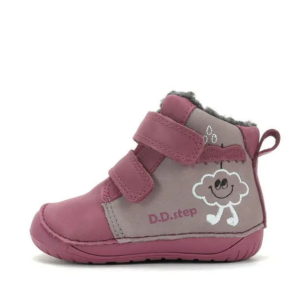 Ghete D.D Step fete, Barefoot, piele naturala, captuseala din blana, roz cu gri, emblema cu norisor_W070-62495C-20_Pebebe