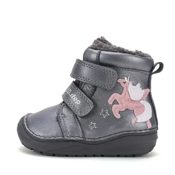 Ghete fete, inalte, piele naturala pentru fete, D.D.Step, imblanite, gri metalic, model unicorn_W071-62376-20_Pebebe
