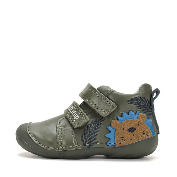 Pantofi D.D. Step baieti, primii pasi, piele naturala, talpa flexibila, olive, model cu castor_ S015-62748B-24_Pebebe
