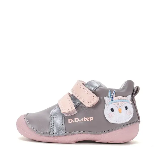 Pantofi D.D. Step fete, primii pasi, piele naturala, talpa flexibila, gri, model cu bufnita_S015-62450-19_Pebebe