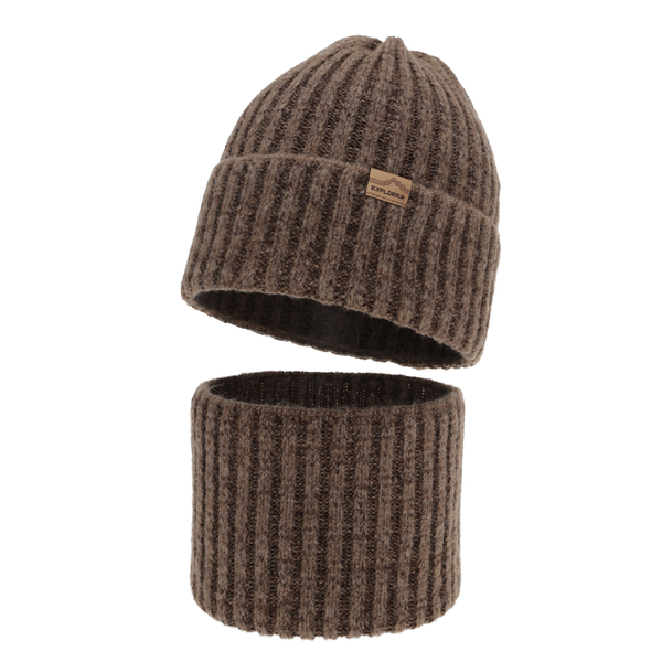 Căciulă din lână merinos și fular tubular, set iarnă băieți, maro, Karmin_7090-12_Pebebe