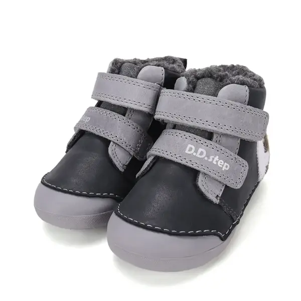 Ghete D.D.Step baieti, piele naturala, imblanite, bleumarin cu gri, model cu Urs polar_W066-62479A-20_Pebebe