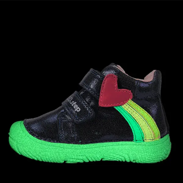 Ghete D.D Step fete, fluorescent, piele naturala, talpa flexibila, captuseala textila, bleumarin sidef, model curcubeu si inimioara_A082-62750-20_Pebebe