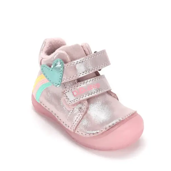 Ghete D.D Step fete, fluorescent, piele naturala, talpa flexibila, captuseala textila, roz sidef, model curcubeu si inimioara_A082-62750A-20_Pebebe