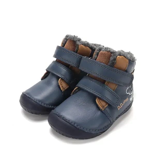 Ghete D.D Step baieti, Barefoot, piele naturala, captuseala din blana, bleumarin cu maro, emblema cu norisor_W070-62495B-20_Pebebe