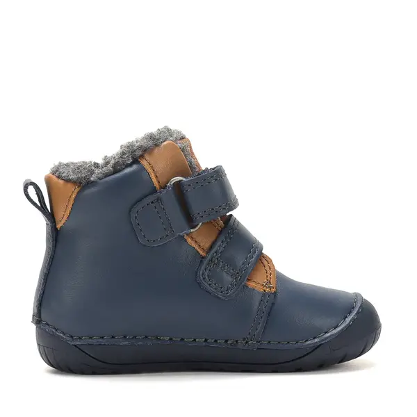Ghete D.D Step baieti, Barefoot, piele naturala, captuseala din blana, bleumarin cu maro, emblema cu norisor_W070-62495B-20_Pebebe