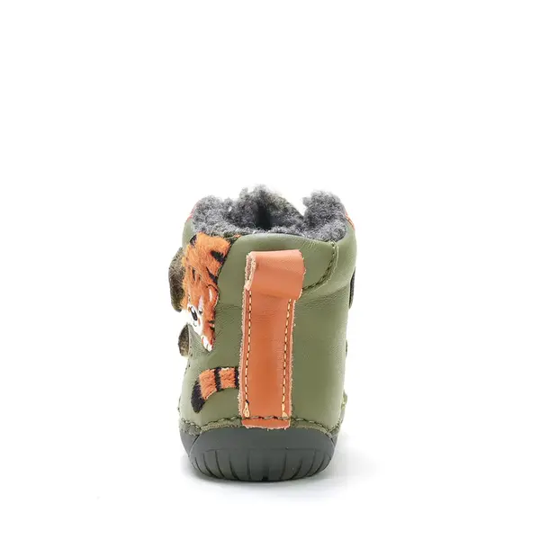 Ghete D.D Step baieti, Barefoot, piele naturala, captuseala din blana, olive, emblema cu tigru_W070-62660A-20_Pebebe
