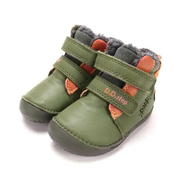 Ghete D.D Step baieti, Barefoot, piele naturala, captuseala din blana, olive, emblema cu tigru_W070-62660A-20_Pebebe