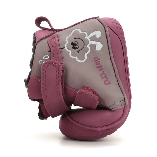 Ghete D.D Step fete, Barefoot, piele naturala, captuseala din blana, roz cu gri, emblema cu norisor_W070-62495C-20_Pebebe