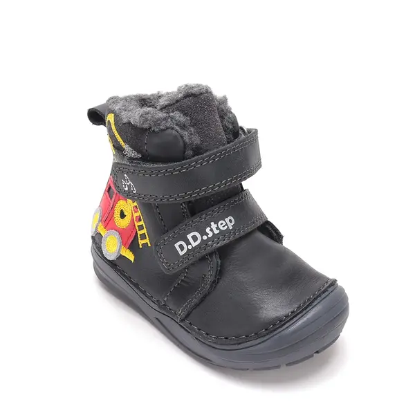 Ghete D.D.Step baieti, inalte, piele naturala, imblanite, negru, model masina pompieri_W071-62477B-20_Pebebe
