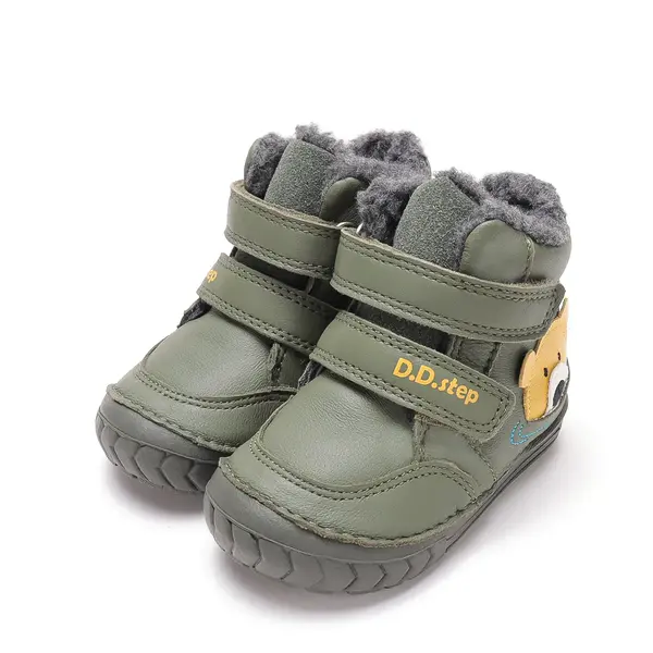 Ghete D.D.Step imblanite, baieti, piele naturala, talpa flexibila, olive, model cu urs_W029-62556B-19_Pebebe