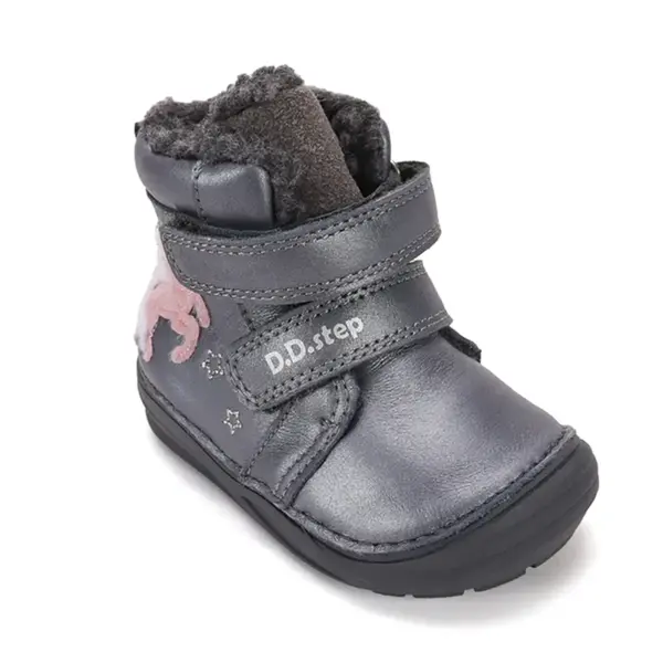 Ghete fete, inalte, piele naturala pentru fete, D.D.Step, imblanite, gri metalic, model unicorn_W071-62376-20_Pebebe