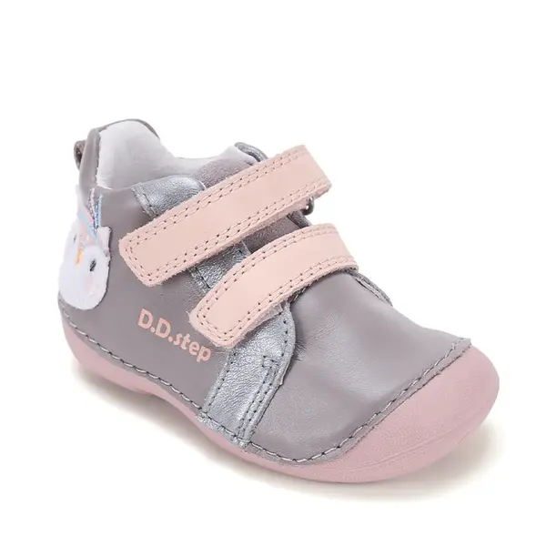 Pantofi D.D. Step fete, primii pasi, piele naturala, talpa flexibila, gri, model cu bufnita_S015-62450-19_Pebebe