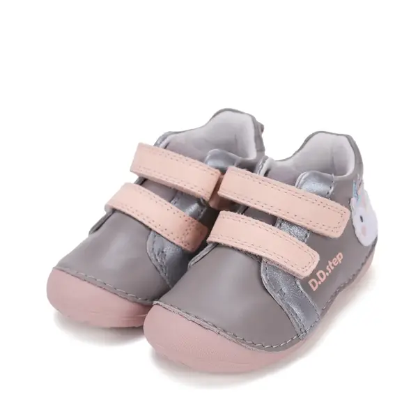 Pantofi D.D. Step fete, primii pasi, piele naturala, talpa flexibila, gri, model cu bufnita_S015-62450-19_Pebebe