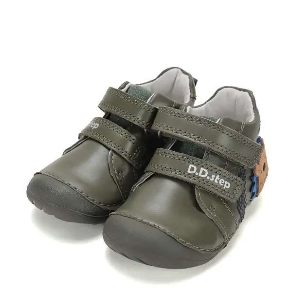 Pantofi D.D. Step baieti, primii pasi, piele naturala, talpa flexibila, olive, model cu castor_ S015-62748B-24_Pebebe