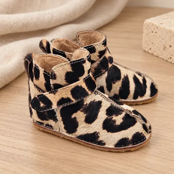 Cizme din piele pentru copii, primii pasi, talpa flexibila, imblanite, animal print_RO-106-4-20_Pebebe