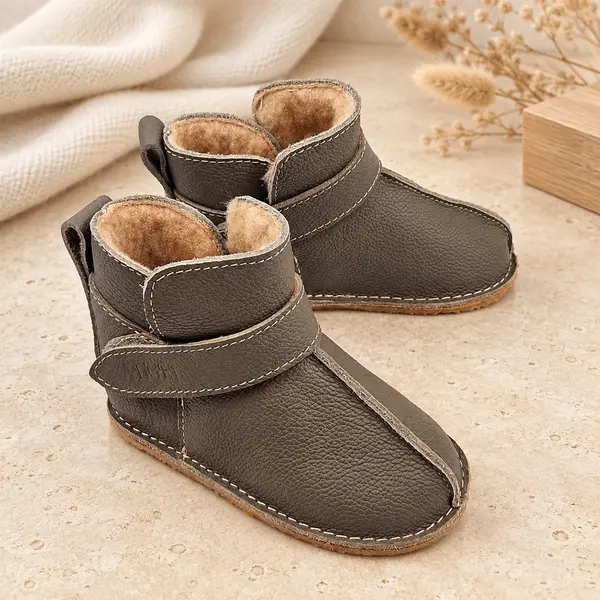 Cizme din piele pentru copii, talpa flexibila, primii pasi, imblanite, kaki_RO-106-6-20_Pebebe
