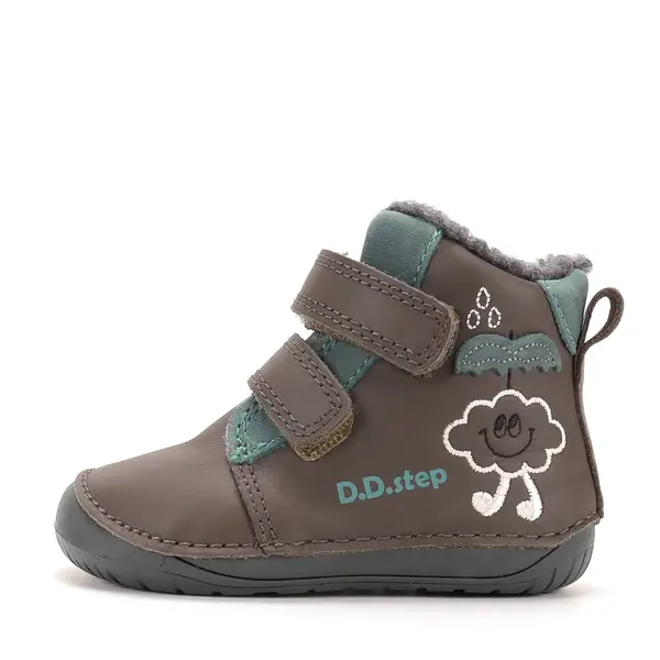 Ghete D.D Step baieti, Barefoot, piele naturala, captuseala din blana, maro inchis, emblema cu norisor_W070-62495A-20_Pebebe