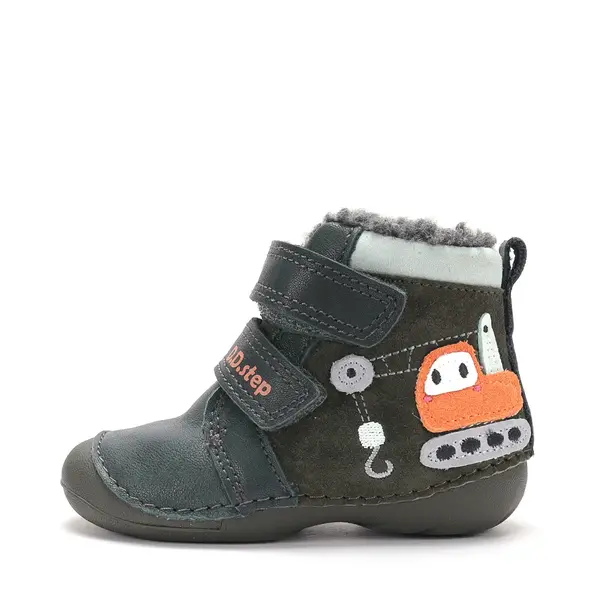 Ghete D.D Step baieti, piele naturala, talpa flexibila, imblanite, verde uscat, model cu excavator_W015-62928A-19_Pebebe