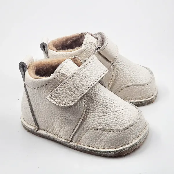 Ghete barefoot pentru copii, primii pasi, piele naturala, captuseala din blana, talpa flexibila, crem, Smiley_RO-600-7-17_Pebebe
