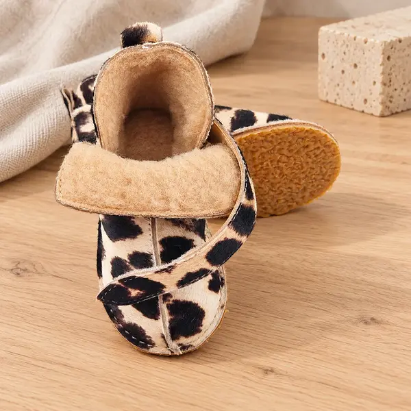 Cizme din piele pentru copii, primii pasi, talpa flexibila, imblanite, animal print_RO-106-4-20_Pebebe