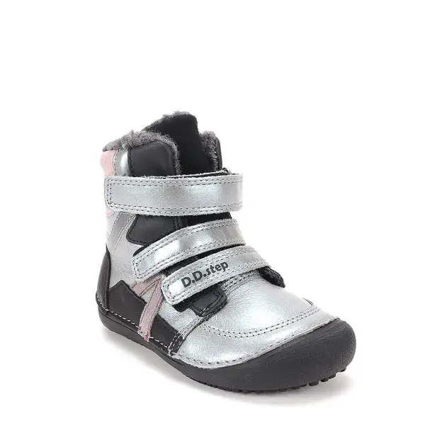 Ghete barefooot D.D Step fete, piele naturala, talpa felxibilă, argintiu cu roz_W063-62643DM-25_Pebebe