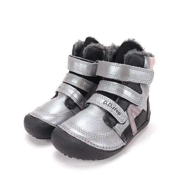 Ghete barefooot D.D Step fete, piele naturala, talpa felxibilă, argintiu cu roz_W063-62643DM-25_Pebebe