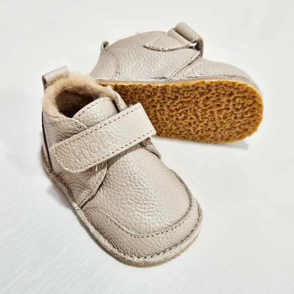 Ghete barefoot pentru copii, primii pasi, piele naturala, captuseala din blana, talpa flexibila, bej, Smiley_RO-600-8-22_Pebebe