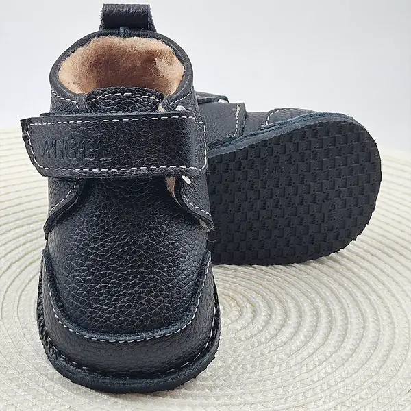 Ghete barefoot pentru copii, primii pasi, piele naturala, captuseala din blana, talpa flexibila, negru, Smiley_RO-600-1-22_Pebebe